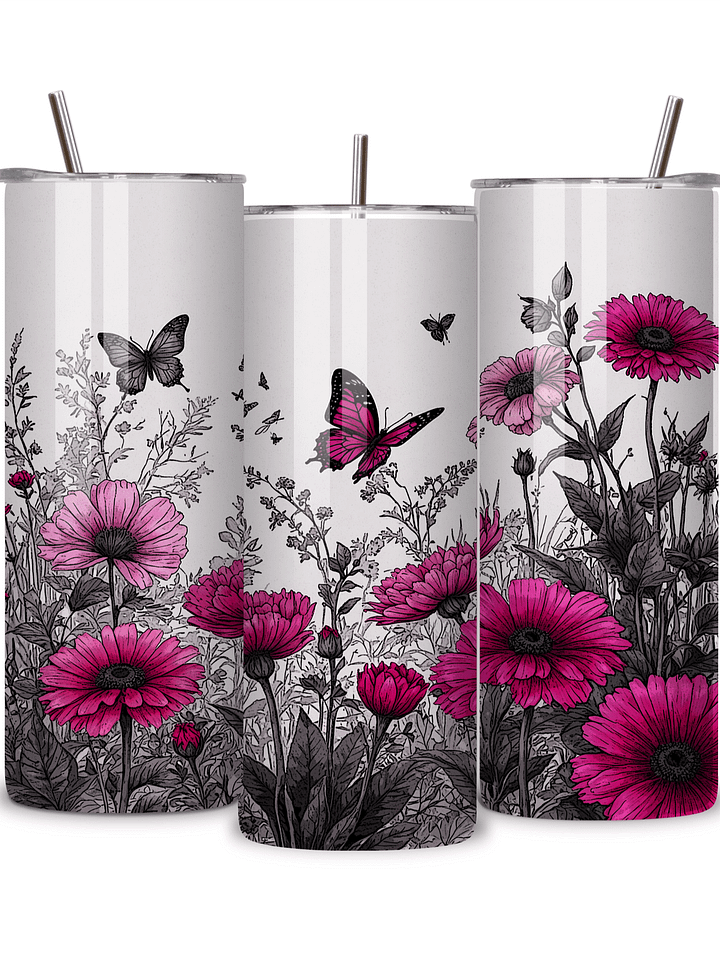 Butterfly & Floral 20oz Skinny Tumbler with Metal Straw – Pink and Black Garden Design with Flowers and Butterflies – Double-Walled Insulated Stainless Steel Tumbler, Gift for Nature Lovers product image (2)