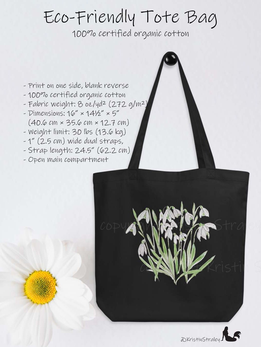 Snowdrop Watercolor and Ink Flowers Eco Cotton Tote Bag product image (3)