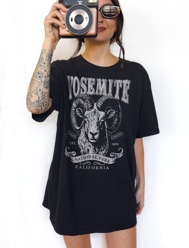 Yosemite National Park, California T-Shirt | Vintage-Style Grunge Western Tee with a Bighorn Sheep Head product image (1)