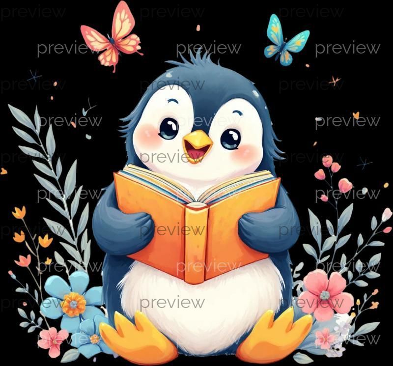 Adorable Cartoon Penguin Reading Book Surrounded by Colorful Flowers and Butterflies - Cute Clipart for Instant Download, 300 DPI PNG product image (2)