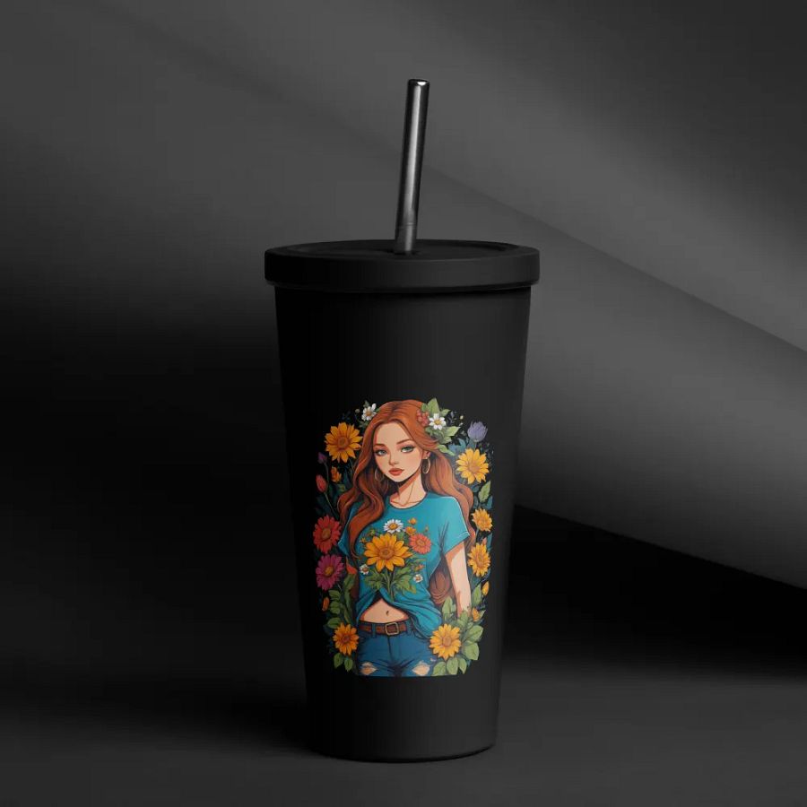 Bloomcore Flower Girl 20 oz Tumbler Cup - Black - Insulated Tumbler with a Straw - v1 product image (12)