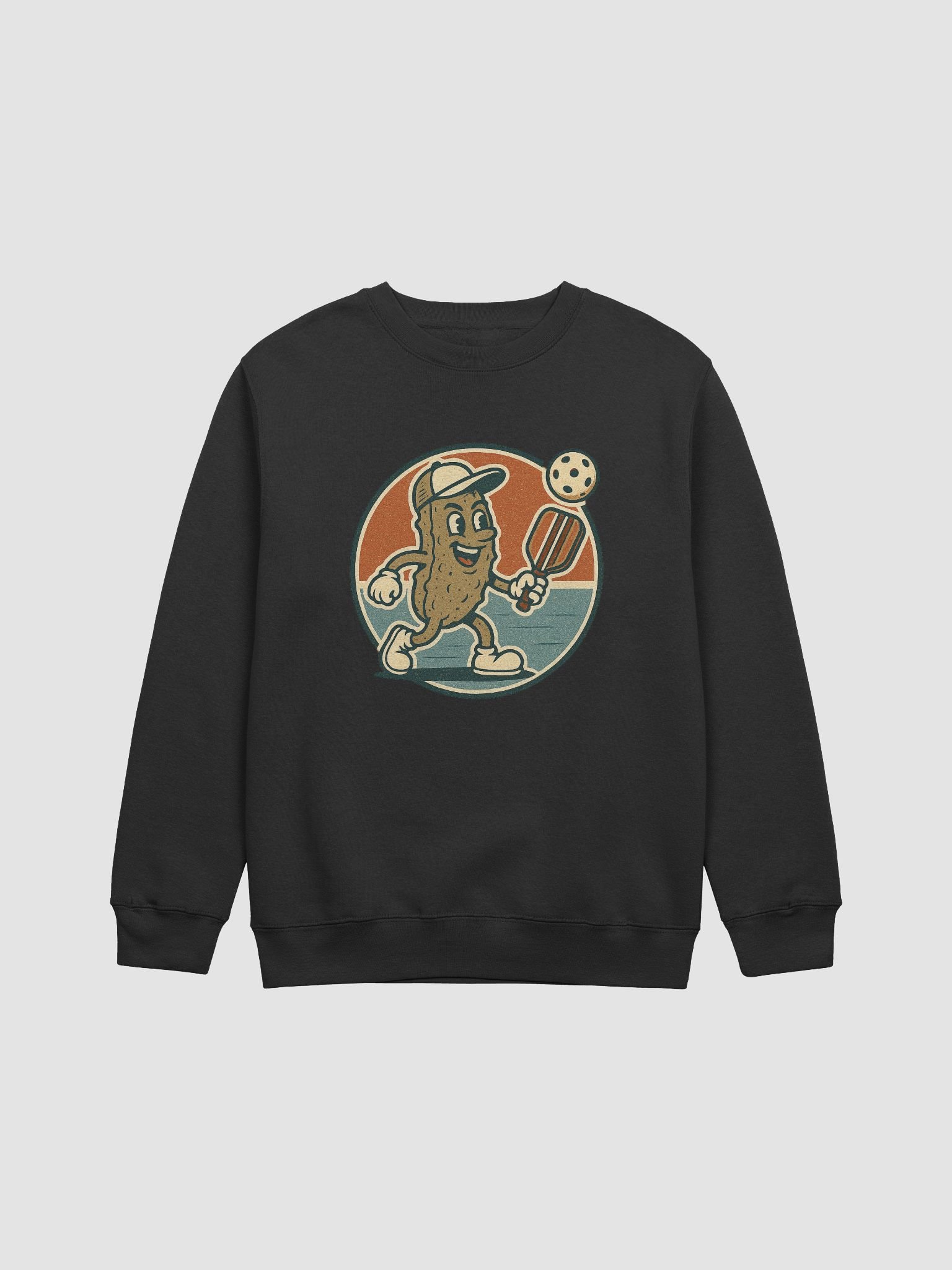 Funny Pickleball Sweatshirt – Retro Pickle Character with Paddle & Ball – Black Unisex Pullover product image (1)