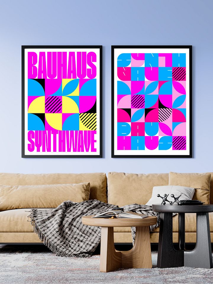 Bauhaus Synthwave #1 poster (fuchsia/magenta-blue) — abstract poster, retrowave print, vaporwave geometric art, 1980s print,1930s wall decor product image (2)