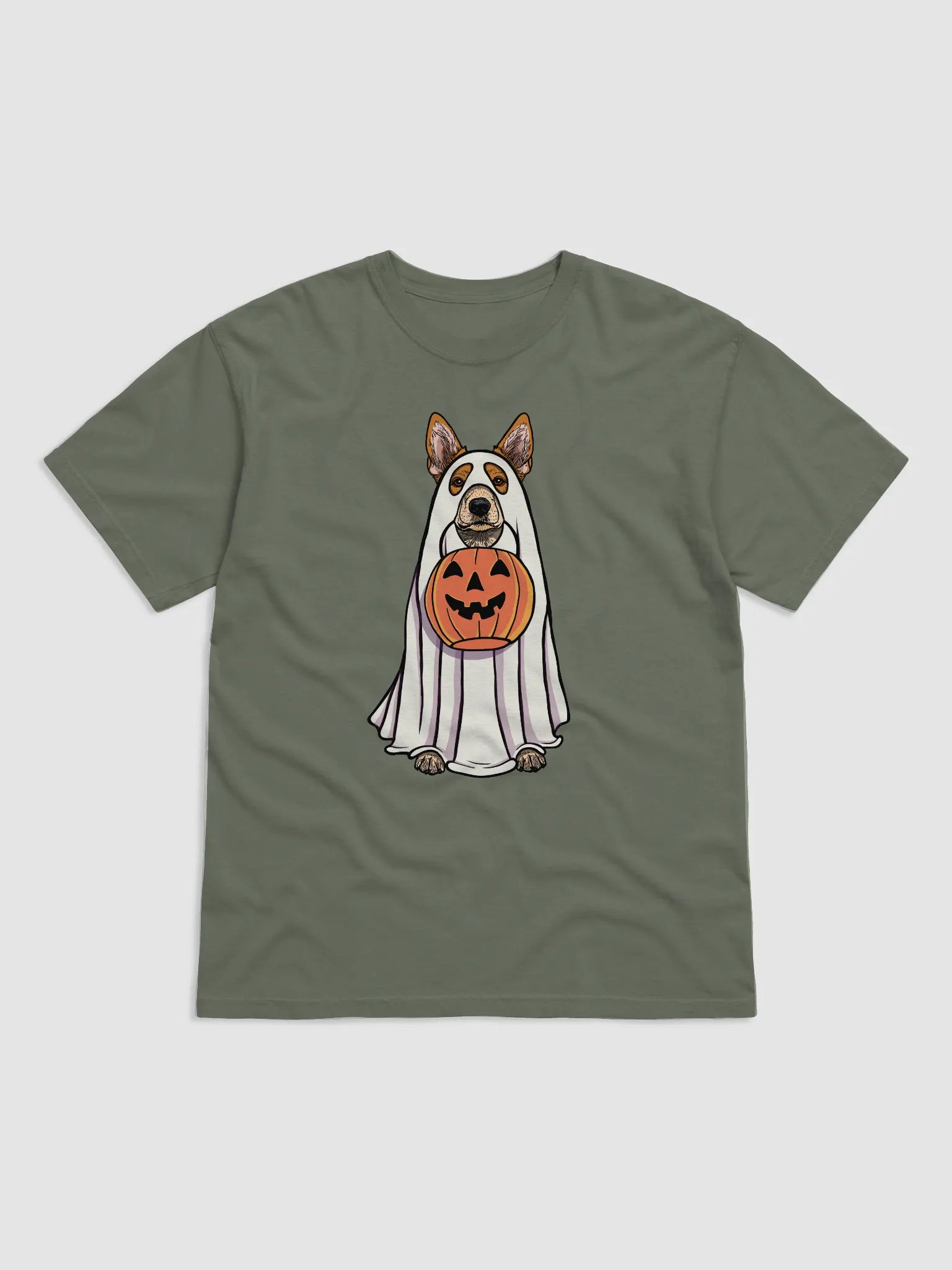 Funny Halloween Australian Cattle Dog(2) T-Shirt | Funny Red Heeler Wearing a Ghost Costume and Holding a Pumpkin Basket product image (12)