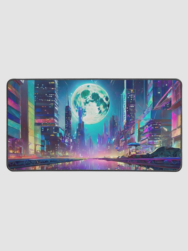 Cyberpunk,3d cityscape night view, big blue moon with a futuristic aesthetic view-Gaming Desk Mat 15.5