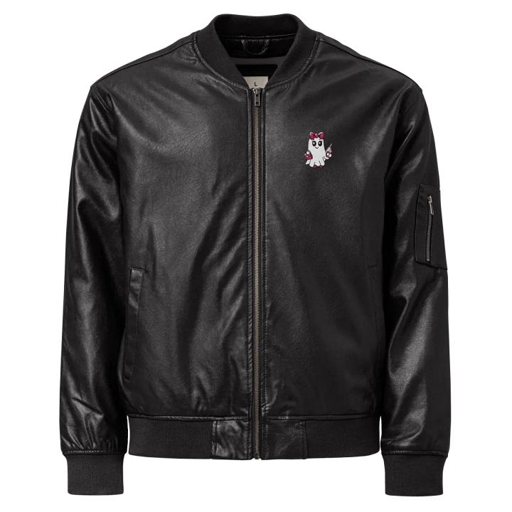 Cute Ghost Embroidered Faux Leather Bomber Jacket product image (1)