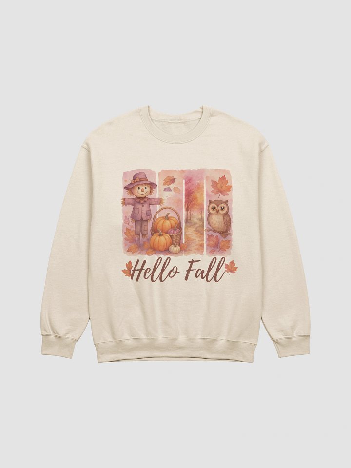 Hello Fall Sweatshirt • Cute Scarecrow, Pumpkins & Owl • Cozy Autumn Vibes • Fall Lover Gift • Thanksgiving Sweater product image (1)