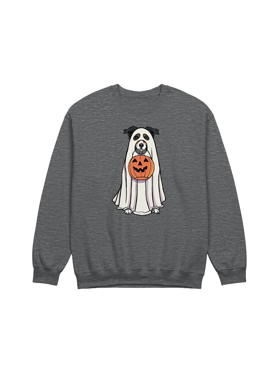 Funny Halloween Australian Shepherd(Tricolor) Sweatshirt | Funny Aussie Wearing a Ghost Costume and Holding a Pumpkin Basket product image (3)