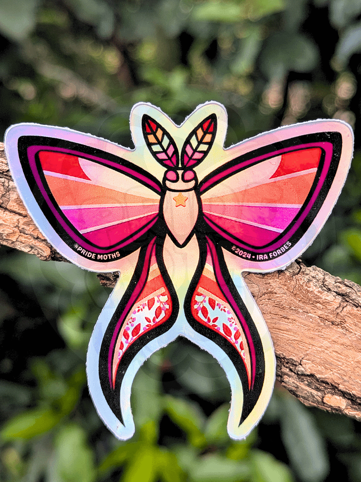 Lesbian Pride Moth | Holographic Stickers | 3x3 in. | Die Cut Vinyl | Shiny Holo Decal product image (1)
