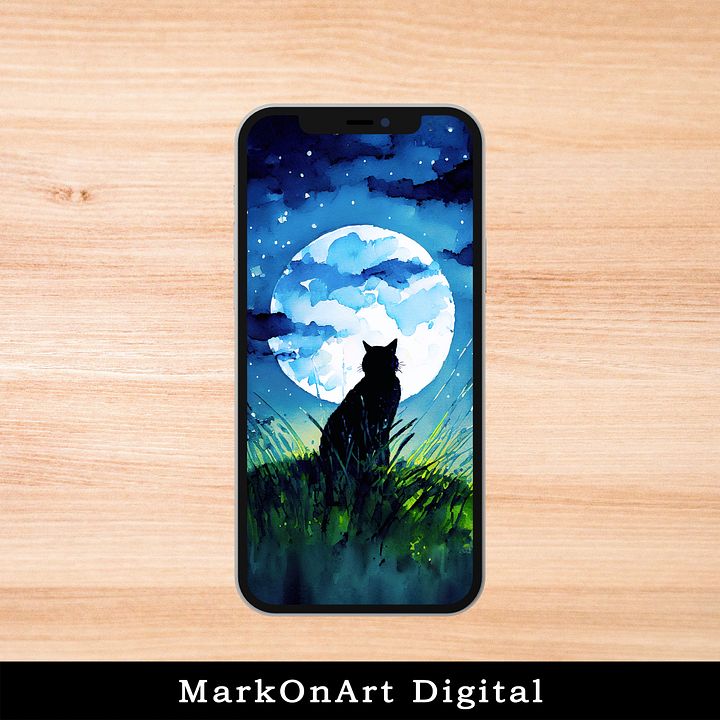 Black Cat and the Full Moon Art For Mobile Phone Wallpaper or Lock Screen | High Res for iPhone or Android Cellphones product image (1)