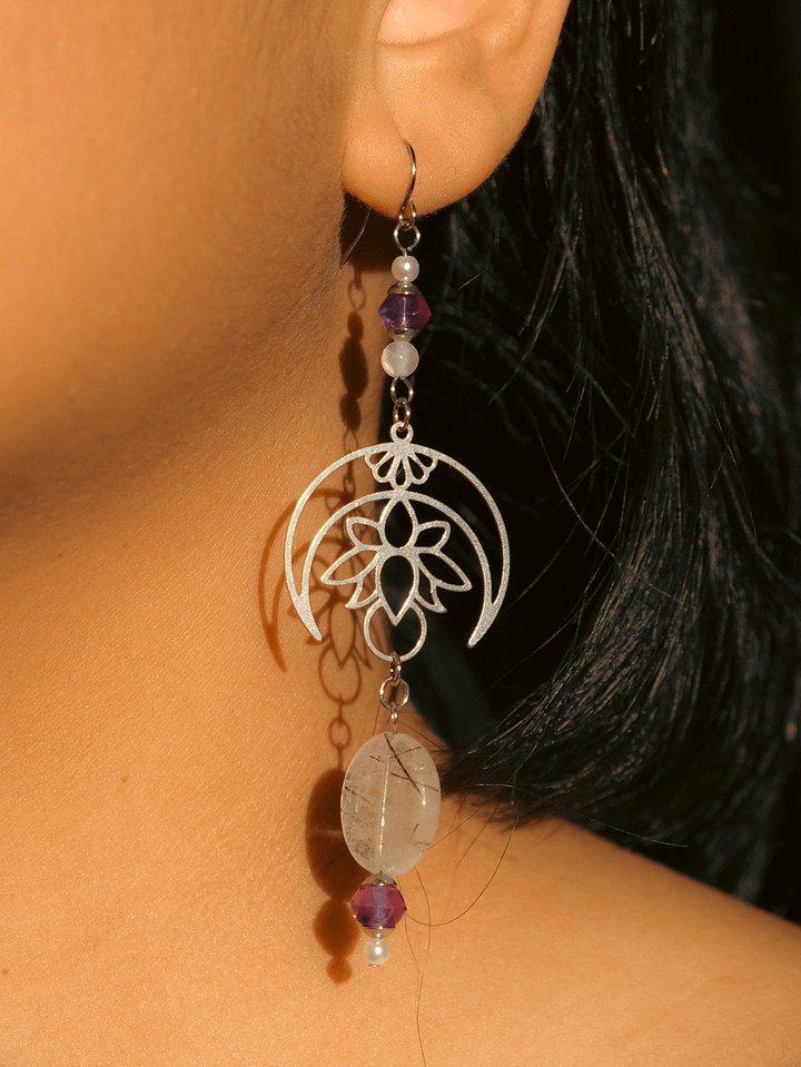 Moon lotus - Rutilated quartz, amethyst, and selenite earrings product image (2)
