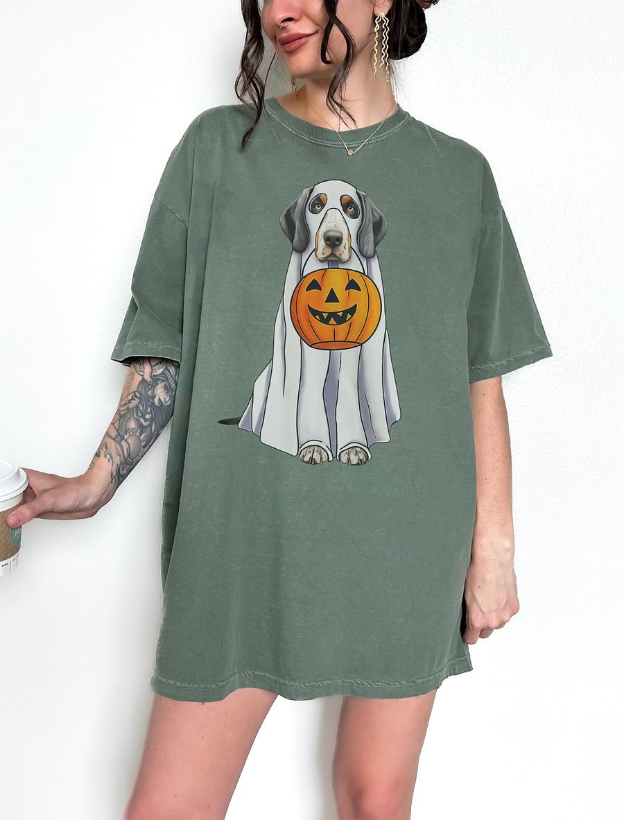 Bluetick Coonhound Halloween Tee | Funny Halloween Bluetick Wearing a Ghost Costume with Pumpkin Basket product image (1)