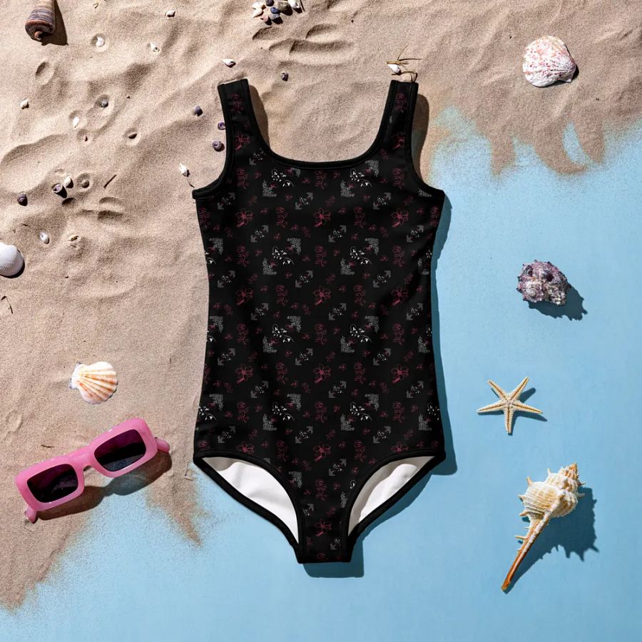 Cute Magenta and White Flowers on Black One-Piece Girls Swimsuit product image (6)