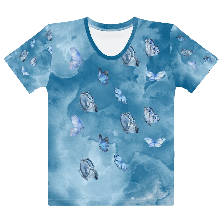 Womens all over printed t shit with light blue water color design with butterflies product image (9)
