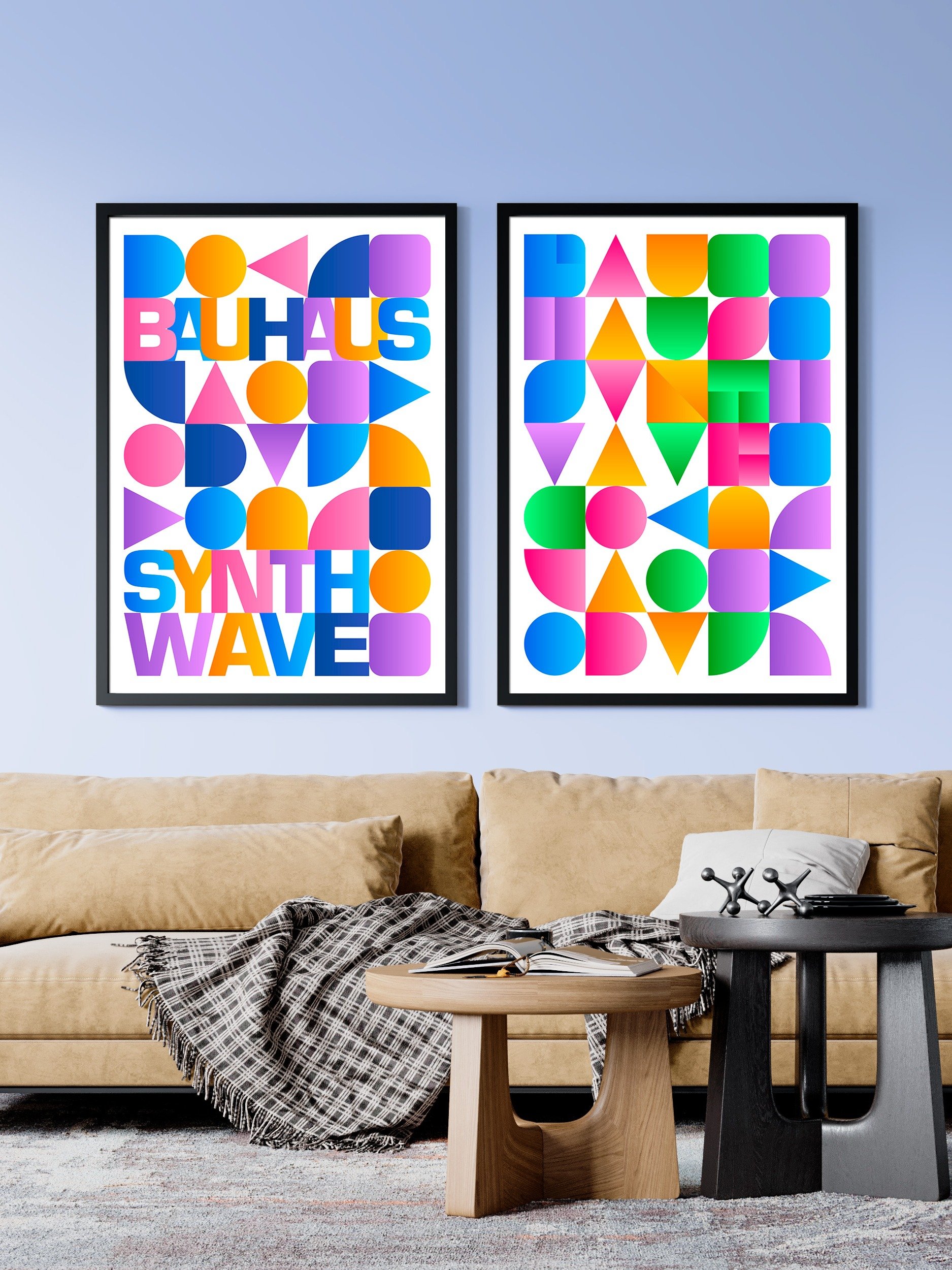 Synthwave Bauhaus Rainbow poster #1 (pink-blue-yellow) — abstract poster product image (2)