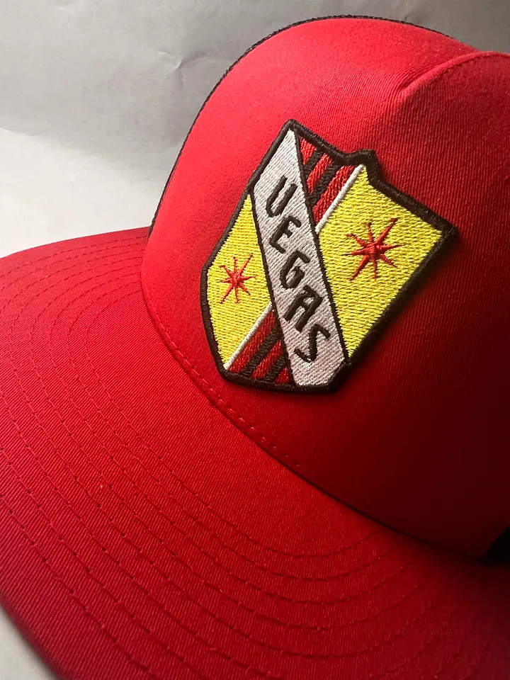 Vegas Retro Patch on Red & Black Trucker Hat product image (1)