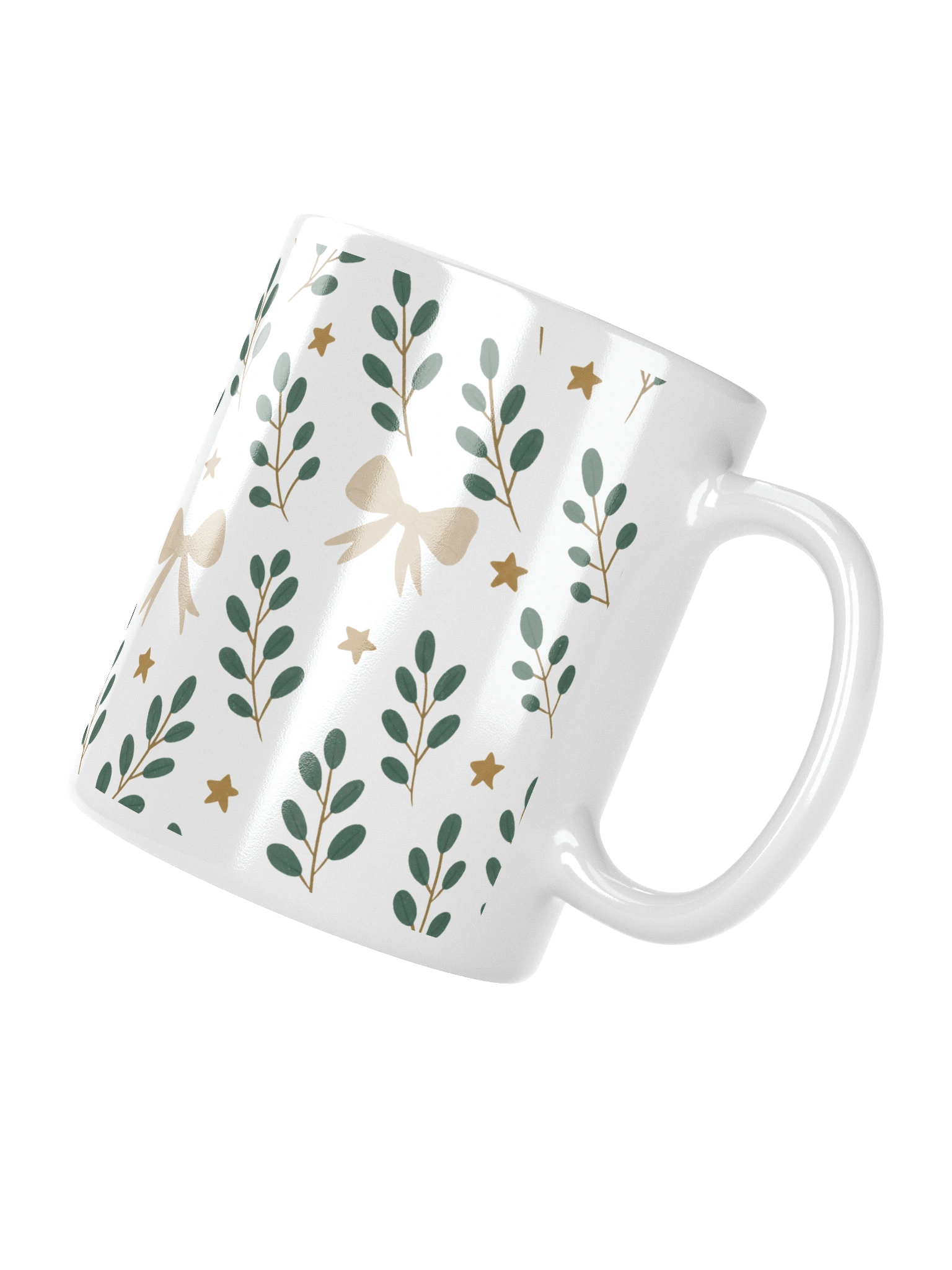White glossy mug ribbons & stars botanical Christmas. Elegant botanical holiday mug product image (7)