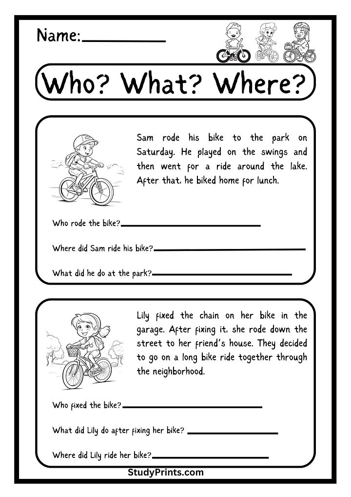 Who? What? Where? Bike -Themed Worksheet product image (1)