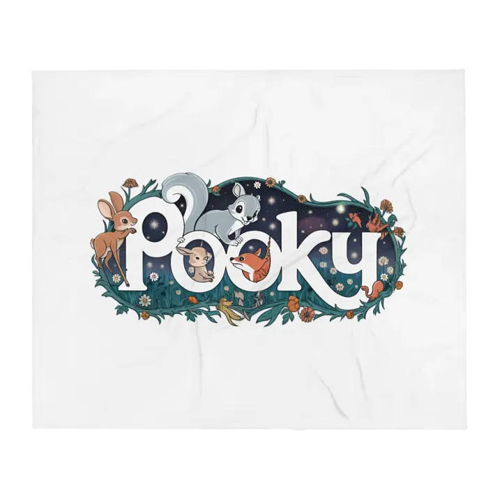 Ultra soft and plushy blanket: Little Pooky Hanging out with Some of his Woodland Friends, super old school book illustration vibe, colorful product image (1)
