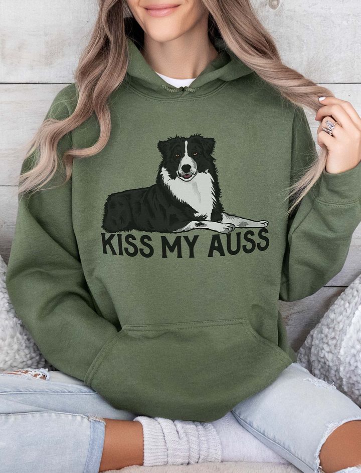 Kiss My Auss | Funny Hooded Sweatshirt for Australian Shepherd (Black and White) Dog Owners product image (10)