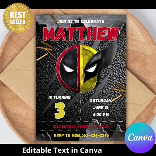 Deadpool Birthday Invitation - Canva - Wolverine invite birthday invitation, movie digital birthday invitation digital product image (1)