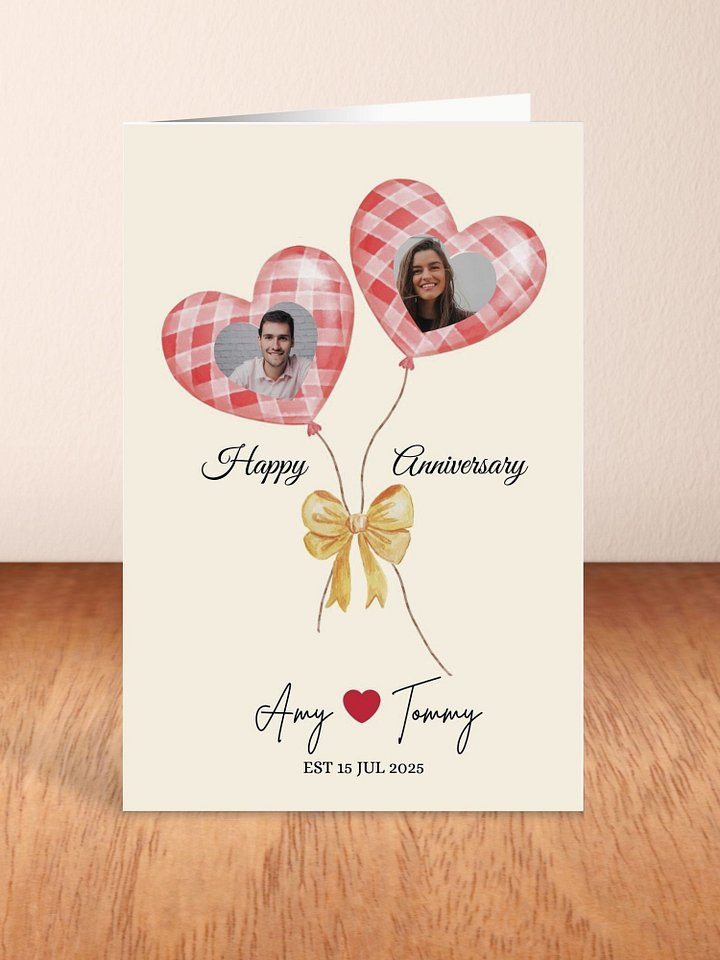 Two Red Gingham Balloons Heart-shaped Photo Anniversary Card Template product image (2)
