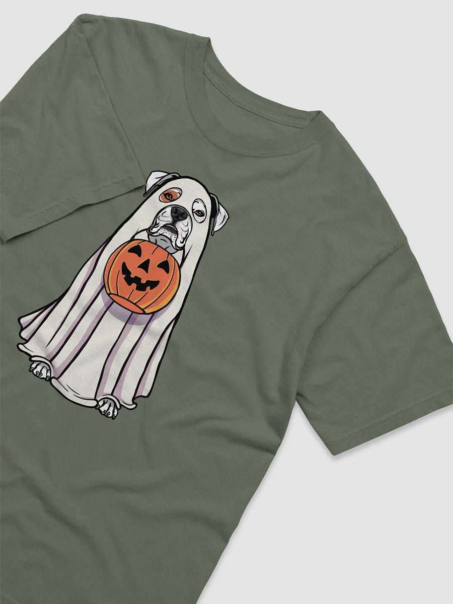 Funny Halloween Boxer(White) Dog T-Shirt | Funny Boxer Wearing a Ghost Costume and Holding a Pumpkin Basket product image (10)