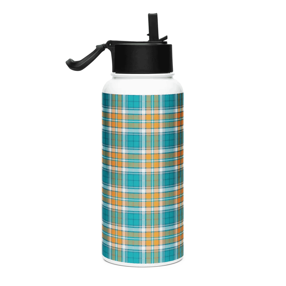Turquoise and Orange Sporty Plaid Water Bottle product image (1)