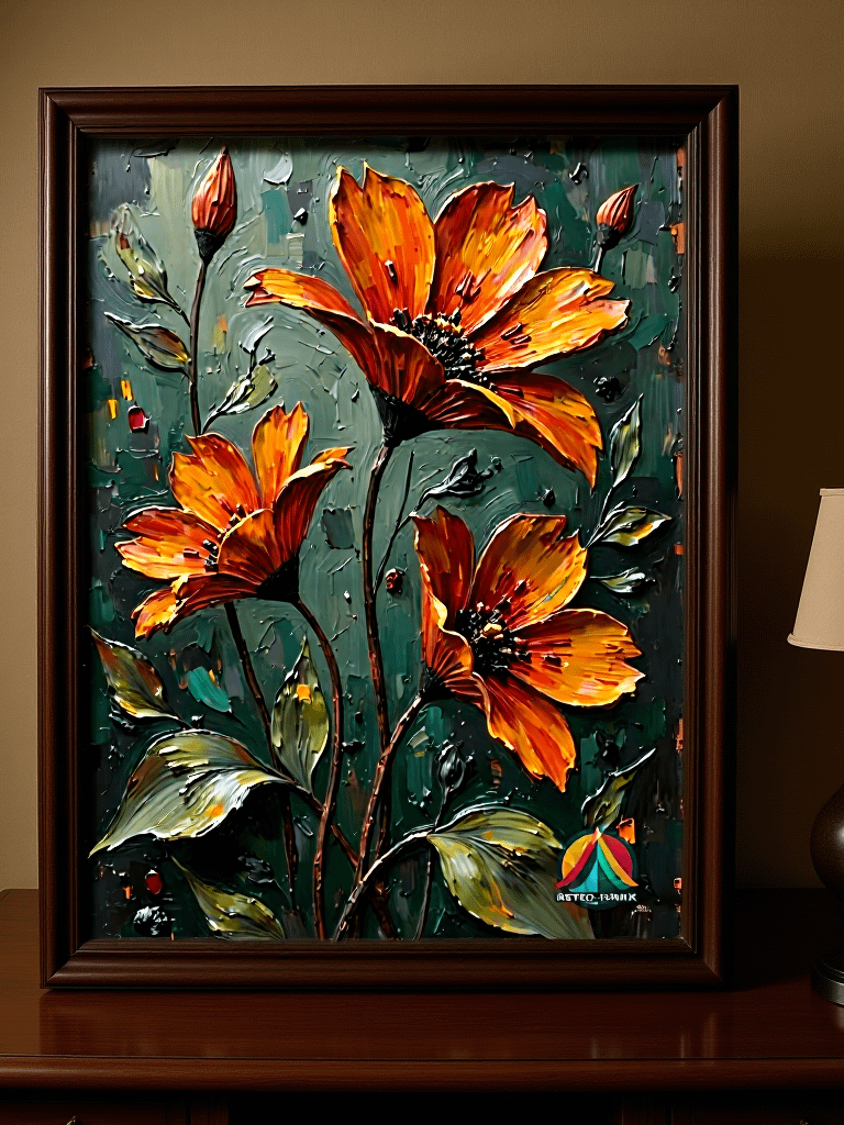 Golden Ember – Moody Retro Floral Wall Art with Textured Burnt Orange Petals on Deep Teal product image (2)
