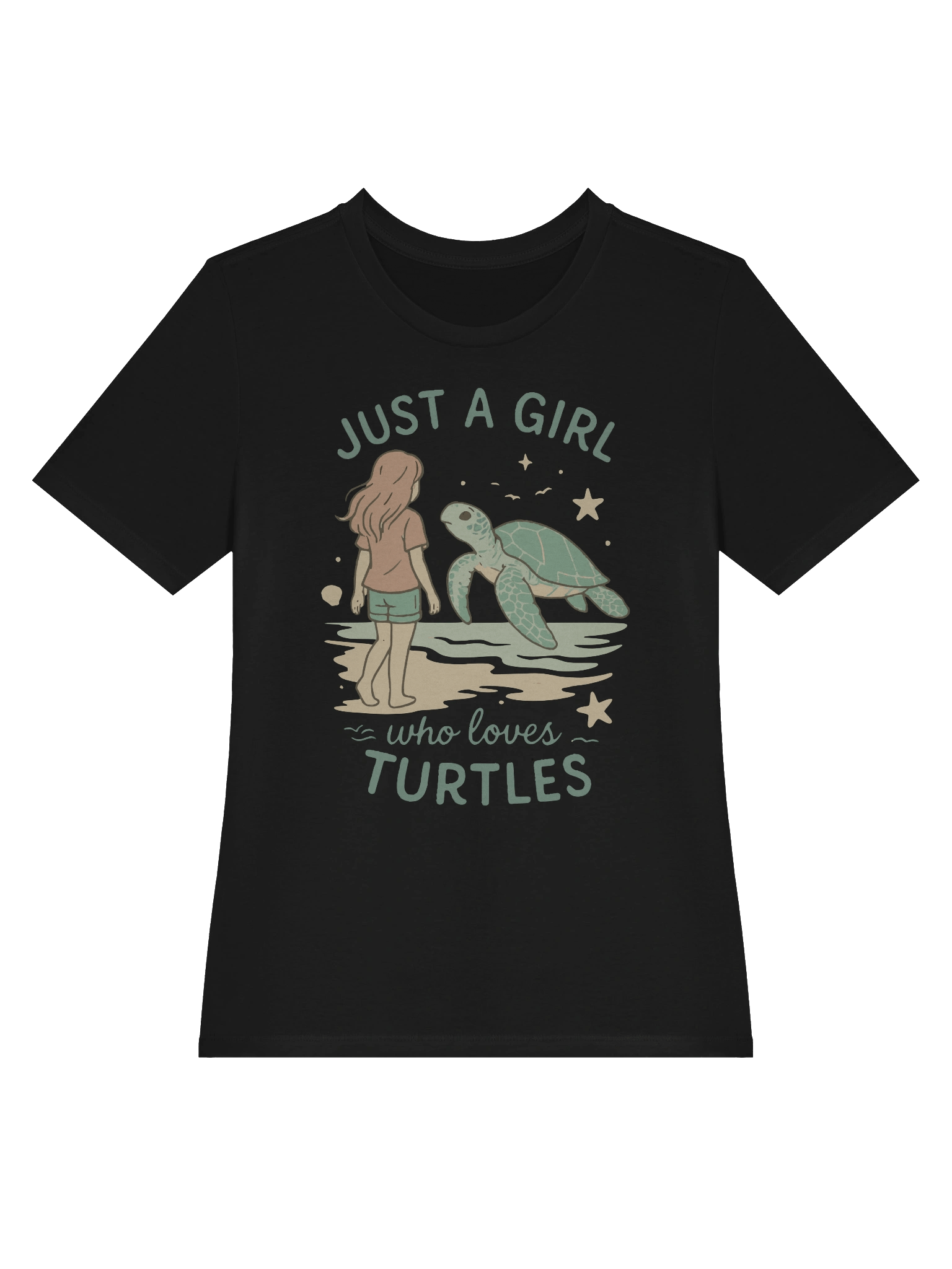 Retro Ocean Design with Girl and Sea Turtle – Cute Pastel Beach Scene for Marine Life Lovers product image (3)