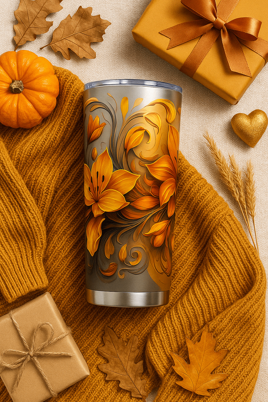 Golden Orange Floral Tumbler Wrap PNG for 20oz Skinny | 9.3x8.2 Fall Sublimation | Instant Download | Autumn Gift Idea product image (1)