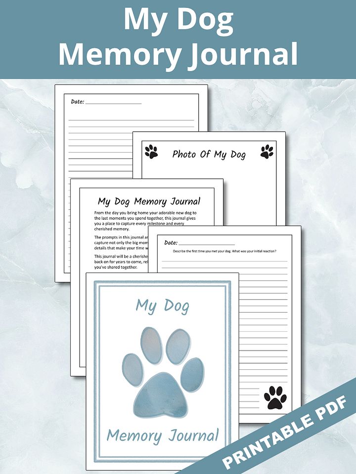 Printable Dog Memory Journal - Blue Watercolor Pawprint product image (1)