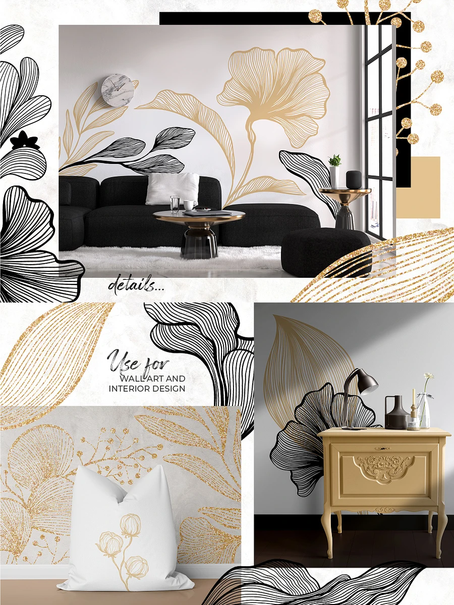 Line Art Modern Clipart Collection. Gold & Black Waves. Lines, Flowers product image (3)