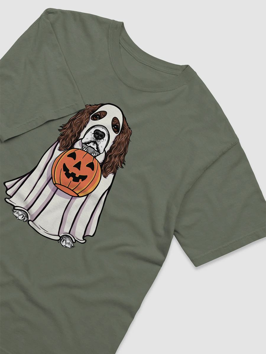 Funny Halloween Cocker Spaniel(Liver & White) T-Shirt | Funny Cocker Spaniel Wearing a Ghost Costume and Holding a Pumpkin Basket product image (10)