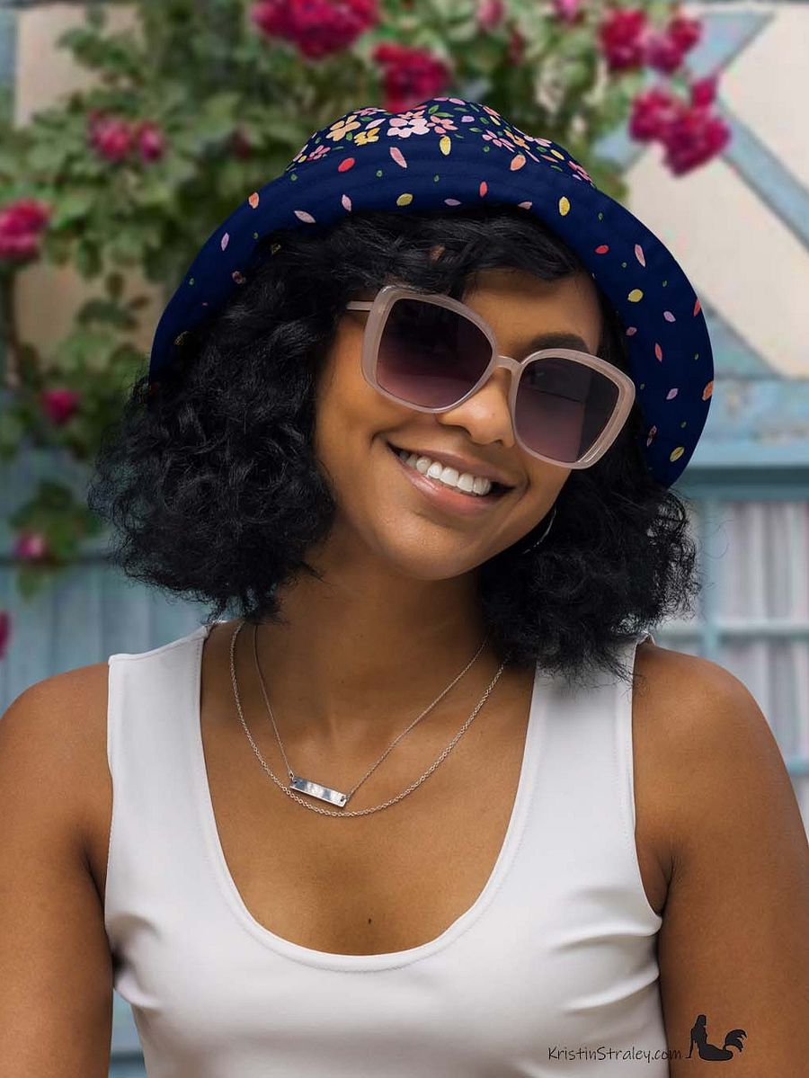 Spring Flowers on Navy Reversible Bucket Hat with Petal Confetti on Navy product image (5)