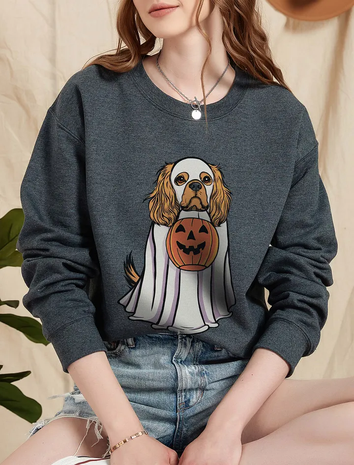 Funny Halloween Cavalier King Charles Spaniel(Tan) Sweatshirt | Funny Cavalier Wearing a Ghost Costume and Holding a Pumpkin Basket product image (5)