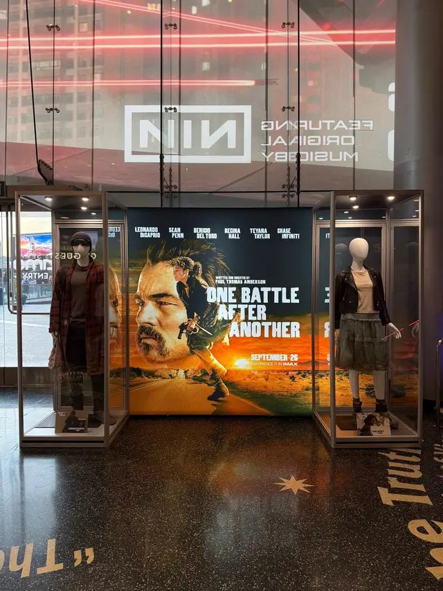 #OneBattleAfterAnother Costumes and Props on display at @AMC Theatres Century City. Loved seeing the details upload including the fabrics, & tears, and fraying.  Also saw it again on @IMAX digital and it had great picture resolution quality, not bad especially since it’s the most widely available premium format.  Filled out the stamp card from The Vista Theater for a 6th time like Michael Jordan. @One Battle After Another  #VistaVision #PaulThomasAnderson #leonardodicaprio #chaseinfiniti 