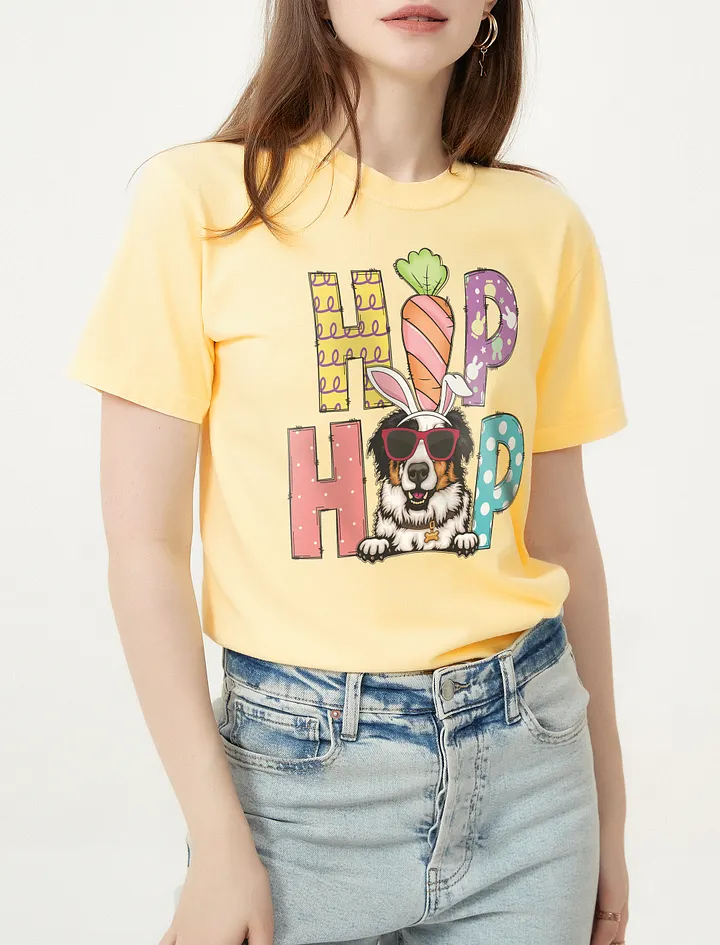 Hip Hop Easter Australian Shepherd T-Shirt | Cute Easter Day Aussie Wearing Bunny Ears and Sunglasses T-Shirt product image (1)