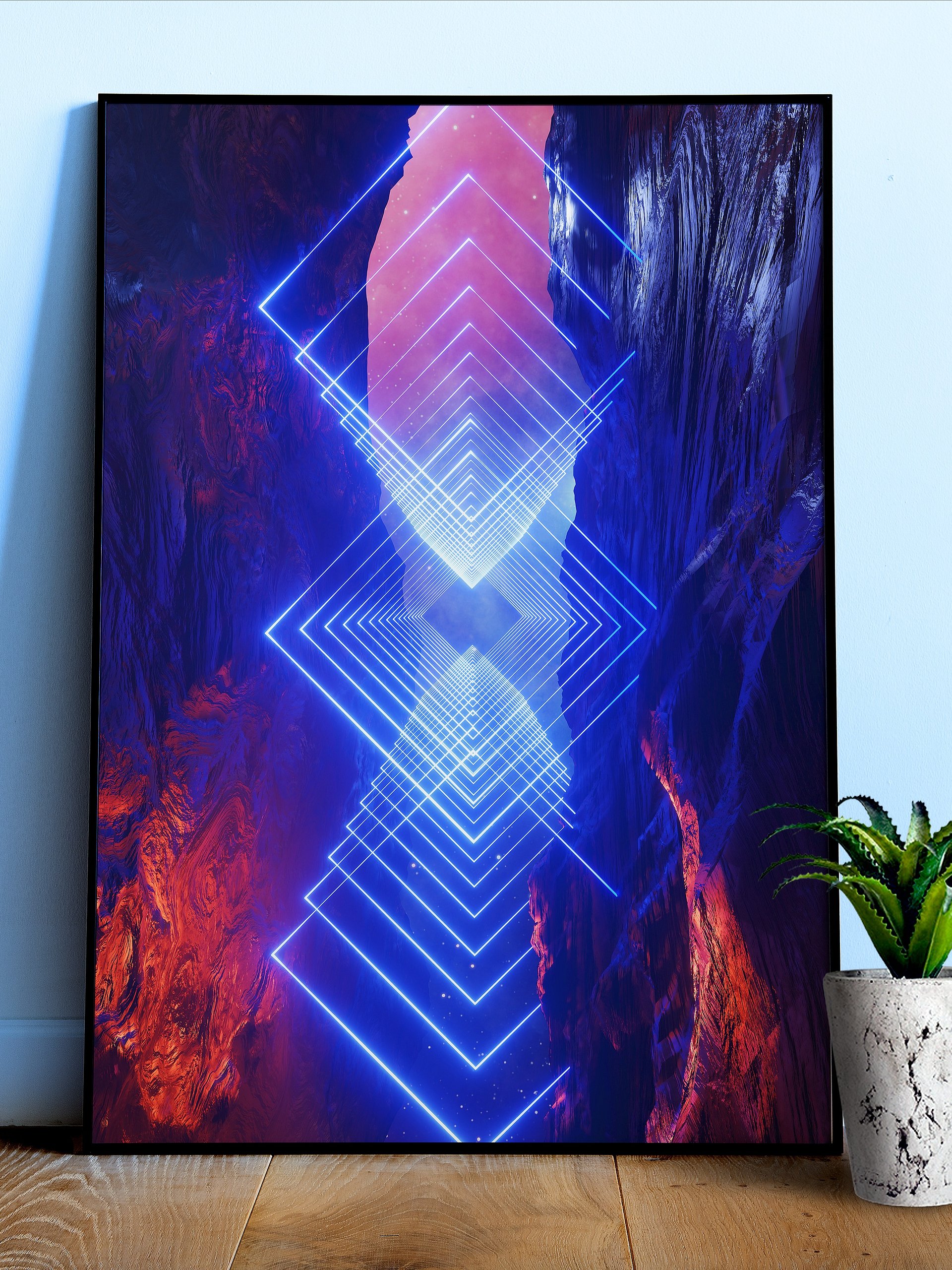 Neon landscape: Squares #1 blue [synthwave/vaporwave/cyberpunk] — Aesthetic retrowave poster product image (1)