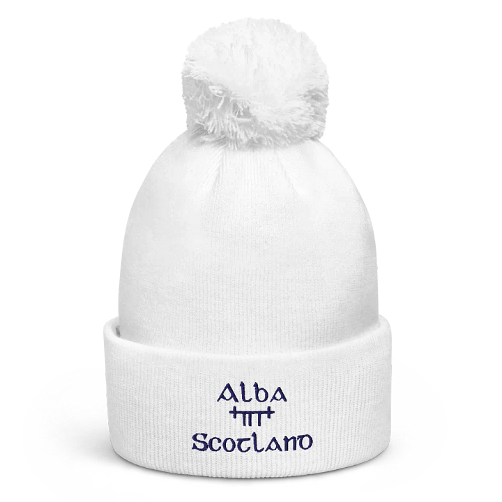 Scotland/Alba Orthodox style Ogham, white with navy, embroidered Pom-Pom Beanie product image (1)
