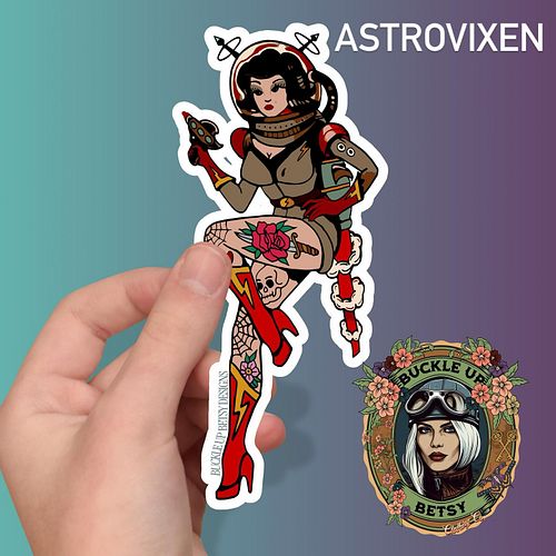 💫AstroVixen 🌖 
You need new stickers! Find her now on 
Buckle Up Betsy Etsy 
#scifiart #pinup #buckleupbetsy #stickers