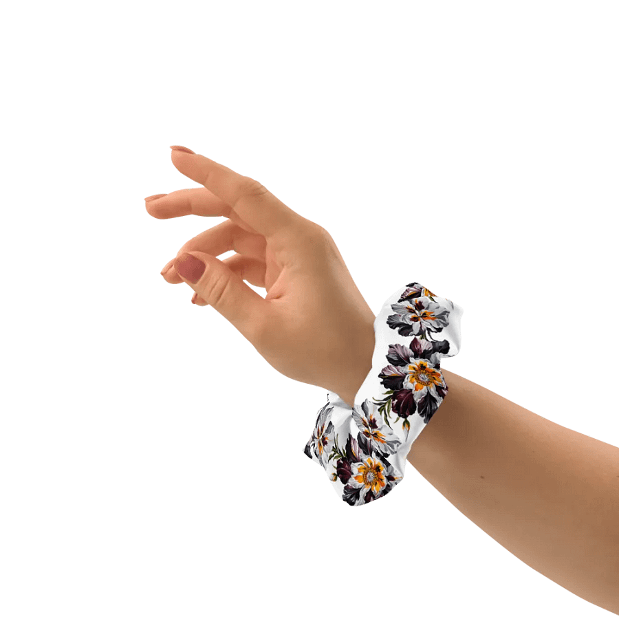 Hair Scrunchie - Painted Crimson, Black, and Yellow Flowers on White product image (8)