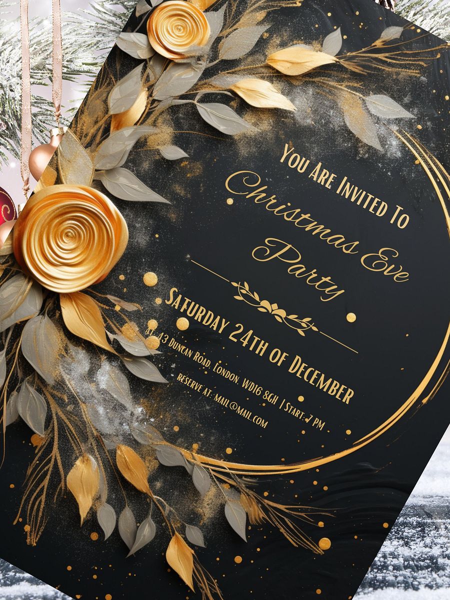 Gold Rose 3D Christmas Eve Party Invitation | Editable in Canva | Christmas Party Printable | Holiday Invitation Template | Link to Canva product image (6)