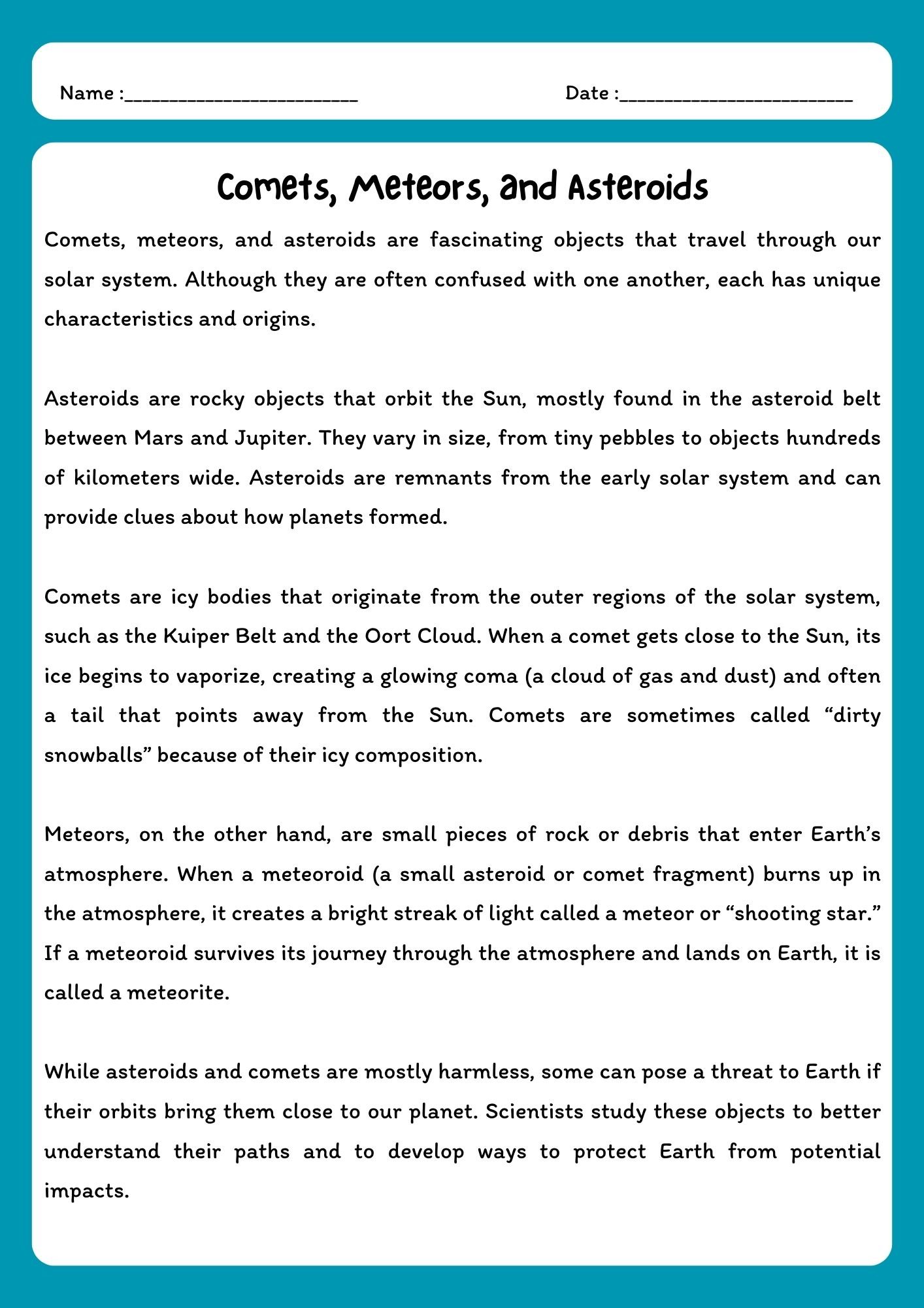 Comets, Meteors, and Asteroids Reading Comprehension with Questions product image (1)