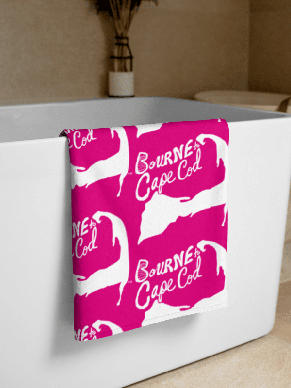 BOURNE to Cape Cod™ | Coastal Classic Beach Towel | All-Over Logo Print | Vibrant Colors for Salty Souls | White Logo on Vibrant Pink product image (2)