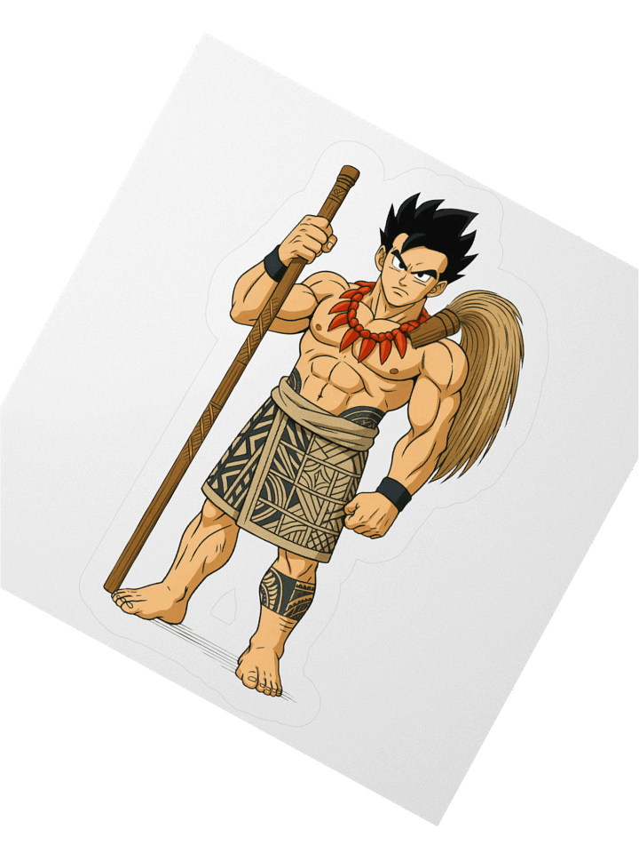 Anime-Inspired Samoan Matai Warrior Kiss-Cut Sticker – Polynesian Pe‘a Tattoo & Fue Design product image (6)