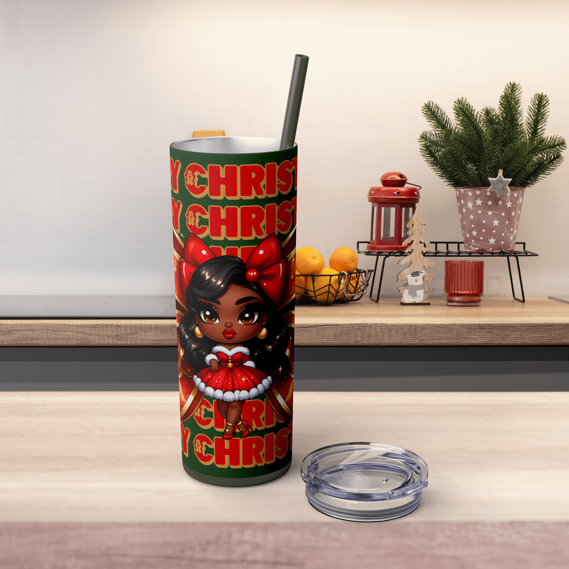 Merry Christmas Brown Holiday Doll Tumbler Wrap Design, Festive 20oz Sublimation PNG, Holiday Digital Download, Red Bow Christmas Tumbler product image (3)