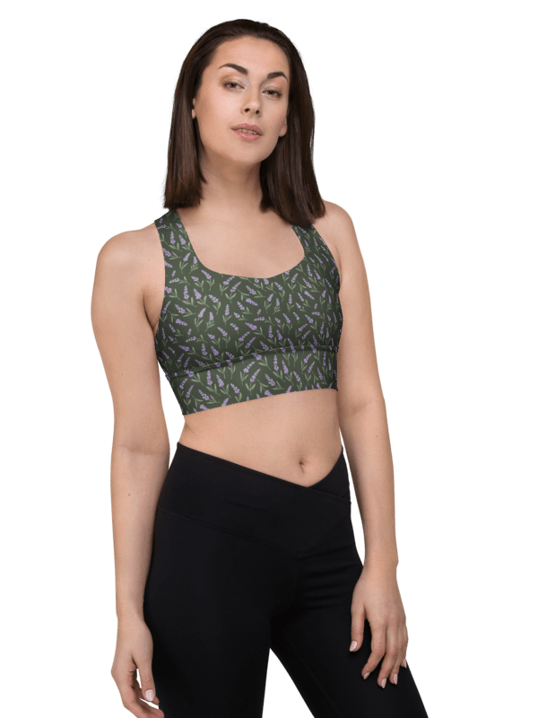 All-Over print recycled longline sports bra with lavender pattern on green background product image (1)
