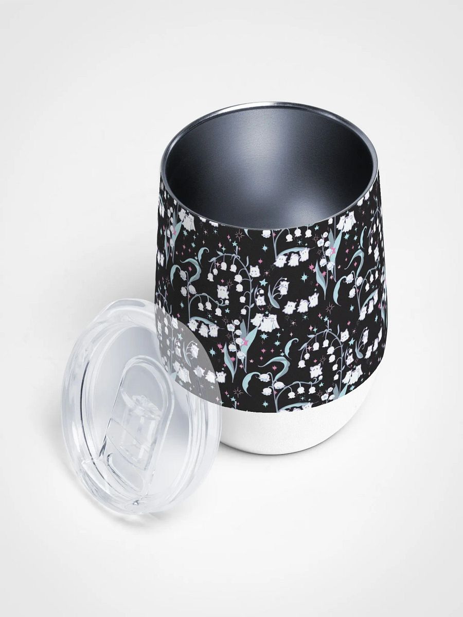 Kitty Ghost Garden of Dreams kawaii Lilies of the Valley Wine Tumbler-- Cute and Cozy on-the-go Sips (Dark) product image (3)