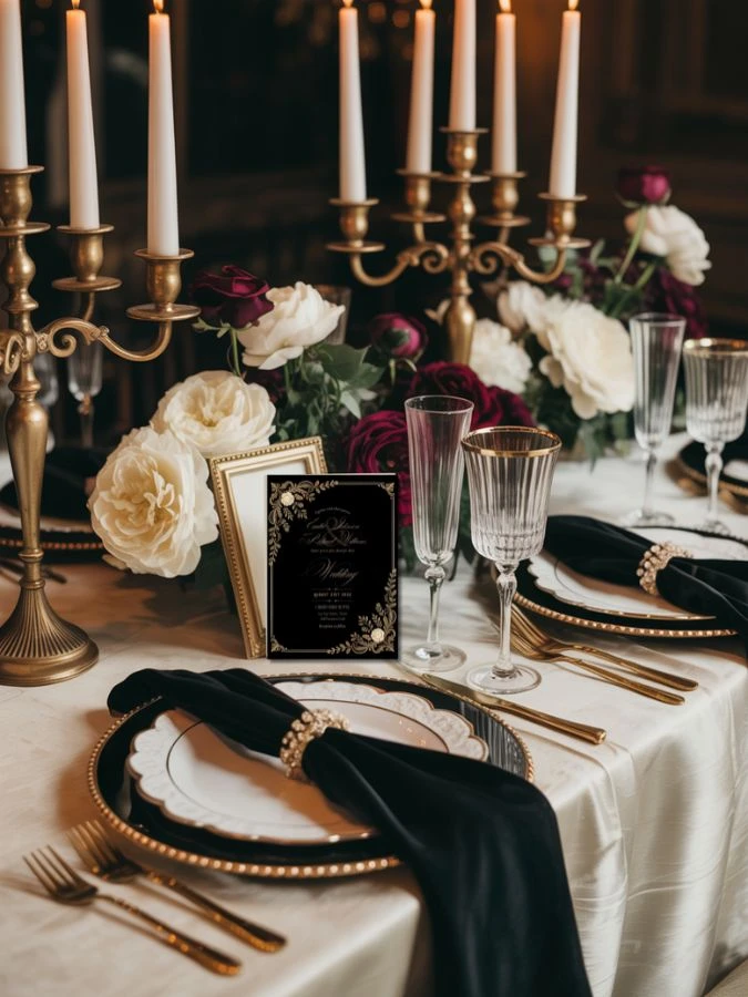 black tie wedding table top theme, black gold